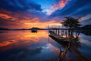 visvangst boot Aan de meer Bij zonsondergang in de avond, Thailand, mooi zonsondergang Bij de meer, Thailand. lang blootstelling schot, ai gegenereerd foto