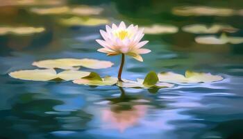 een klein lotus in een enorm sereen meer met wazig achtergrond ai gegenereerd foto