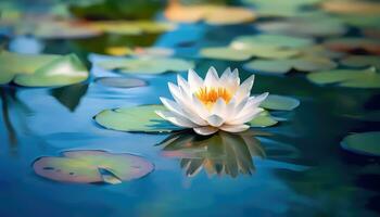 een klein lotus in een enorm sereen meer met wazig achtergrond ai gegenereerd foto