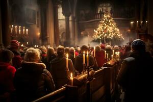 ai generatief betoverend beeld van een kerk middernacht Kerstmis onderhoud foto