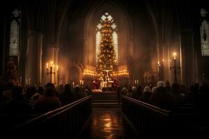 ai generatief betoverend beeld van een kerk middernacht Kerstmis onderhoud foto