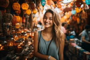 een boeiend beeld van een jong vrouw toerist onderzoeken traditioneel markt ai generatief foto