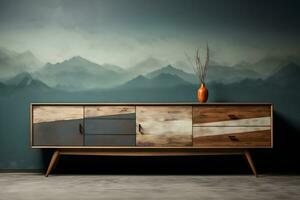 elegant leven kamer met een houten dressoir, modern interieur ontwerp. generatief ai foto