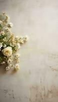 zanderig wit antiek tafel met wit bloemen houdende Aan het ai gegenereerd foto