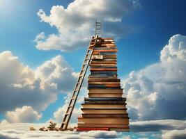 abstract boek stack met ladder Aan lucht met wolken achtergrond. ladder gaan Aan top van reusachtig stack van boeken. onderwijs en groei concept. 3d weergave, genereren ai foto