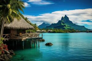 tropisch eiland met palm bomen, bungalows en bergen, bora bora landschap foto