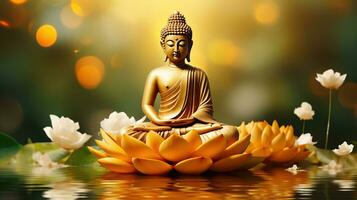 Boeddha staand Aan lotus bloem Aan oranje achtergrond. generatief ai foto