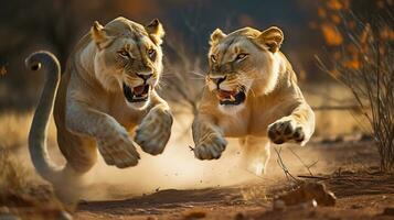 woest leeuwinnen bezighouden in een spannend dieren in het wild duel. generatief ai foto