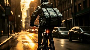 de snel voedsel levering fietser navigeren de stedelijk oerwoud foto