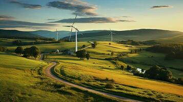 mooi zonsondergang visie van groen landschap en wind turbine. generatief ai foto