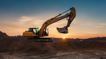 een graafmachine's bevallig dans in de Open pit mijnbouw. zonsondergang in de groeve. generatief ai foto