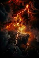 vurig bliksem stakingen onder stormachtig helse luchten achtergrond met leeg ruimte voor tekst foto