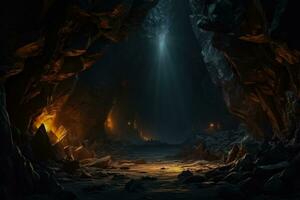 somber grot ingangen onder griezelig lichten achtergrond met leeg ruimte voor tekst foto