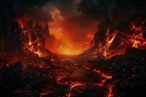 surrealistische vurig lava stromen in dor landschappen achtergrond met leeg ruimte voor tekst foto