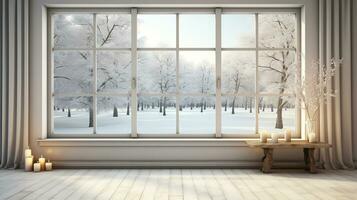 Scandinavisch rust, winter wonderland visie door wit kamer's venster. generatief ai foto