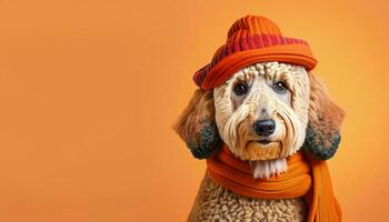 schattig hond vervelend een hoed Aan een oranje achtergrond. ai generatief. foto