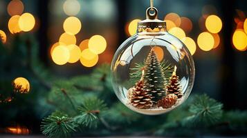 Kerstmis decoratie. hangende klein Kerstmis boom in glas pot Aan pijnboom en ornamenten over- abstract bokeh. generatief ai foto