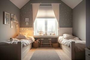 kinderen slaapkamer, twee bedden De volgende naar elk andere met hout verdieping in stil neutrale kleuren. generatief ai foto