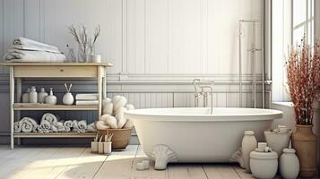 kalmte in wit, bad gelukzaligheid en natuurlijk ornamenten in badkamer decor. generatief ai foto