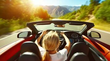 gelukkig mooi blond jong vrouw het rijden een sport- auto. generatief ai foto