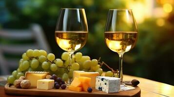 divers sorteert van kaas, druiven en twee bril van de wit wijn. generatief ai foto