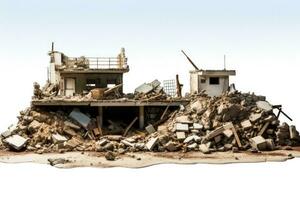 overblijfselen van een verwoest gebouw geïsoleerd Aan een wit achtergrond foto