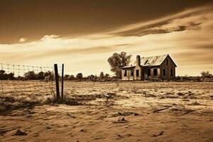 stoffelijk overschot van een verlaten koloniaal tijdperk hoeve geïsoleerd Aan een helling sepia achtergrond foto