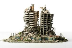 vernietigd stad wolkenkrabber model- post catastrofe geïsoleerd Aan een wit achtergrond foto