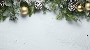 feestelijk Kerstmis kader gemaakt van Spar takken, geschenk dozen, rood decoraties, schittert, en confetti Aan wit achtergrond. perfect voor vakantie groet kaarten, website ontwerp, en sociaal media foto