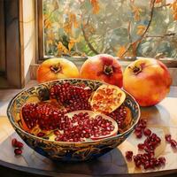 nog steeds leven voor Rosh hashanah - de concept van de Joods nieuw jaar vakantie. een kom van appel met honing, granaatappel zijn traditioneel symbolen van de vakantie foto