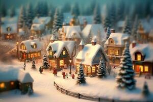 Kerstmis dorp met sneeuw in wijnoogst stijl. winter dorp landschap. Kerstmis vakantie. generatief ai foto