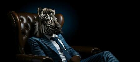 portret van een zebra vervelend een pak en binden, kopiëren ruimte. generatief ai foto