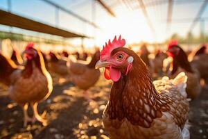 portret van een kip boerderij in de ochtend- met zon blootstelling ai generatief foto