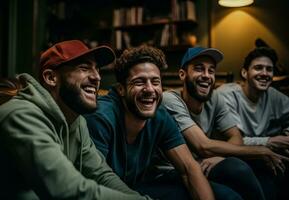 vijf mannen zittend blij Aan sofa vastleggen familie en vriendschap foto