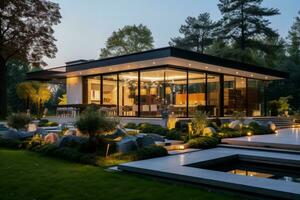 luxueus modern huis buitenkant pronkt tuin en elegant dining ruimte foto