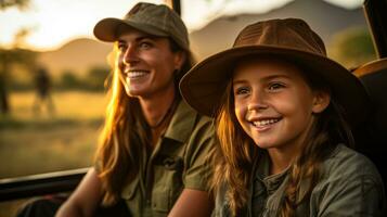 familie ervaren fascinerend dieren in het wild safari avontuur van een robuust jeep foto