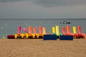 kajaks en kleurrijk zee skates Aan de strand foto