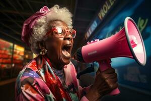 gelukkig senior vrouw Holding megafoon Aan helder kleur achtergrond foto