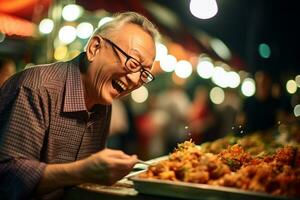 een senior Mens aan het eten gelukkig Bij een straat voedsel markt foto