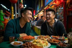 groep van jong mannetje vrienden aan het eten gelukkig Bij een straat voedsel markt foto