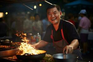 lokaal mannetje chef gelukkig kookt Bij straat voedsel markt foto