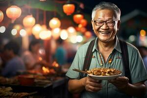 een senior Mens aan het eten gelukkig Bij een straat voedsel markt foto