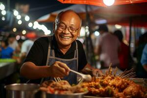 een Mens aan het eten gelukkig Bij een straat voedsel markt foto