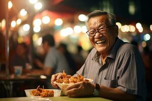 een senior Mens aan het eten gelukkig Bij een straat voedsel markt foto