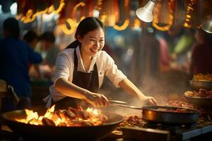 lokaal vrouw chef gelukkig kookt Bij straat voedsel markt foto