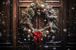 een feestelijk krans hangende Aan een houten deur, omringd door vallend sneeuwvlokken foto