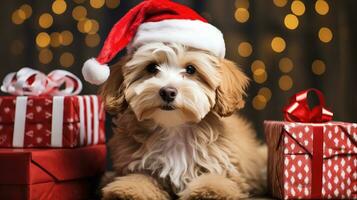 een hond vervelend een de kerstman hoed zittend De volgende naar een verpakt Cadeau foto
