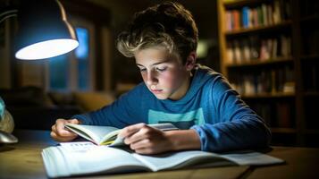 jongen lezing een leerboek met een markeerstift foto