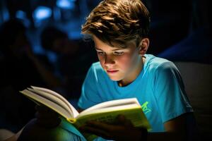 jongen lezing een leerboek met een markeerstift foto