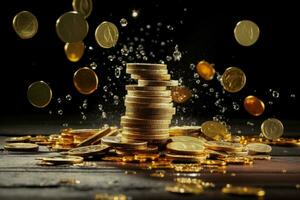 financieel middelen en investeringen inclusief gouden dollar munten voordeel bank en economie besparing met verdiensten afgebeeld door een leeg realistisch munten plons achtergrond foto